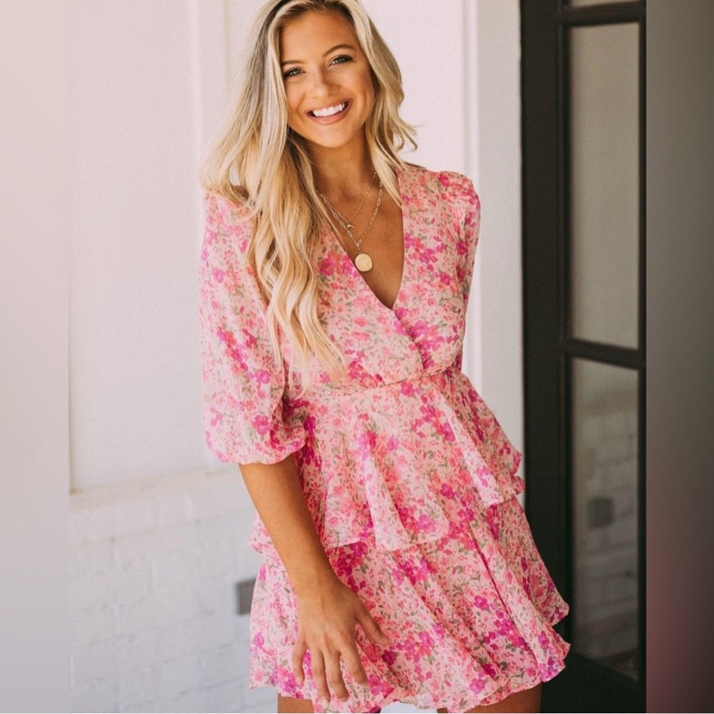 Do+Be Floral Pink Wrap Dress with Ruffles